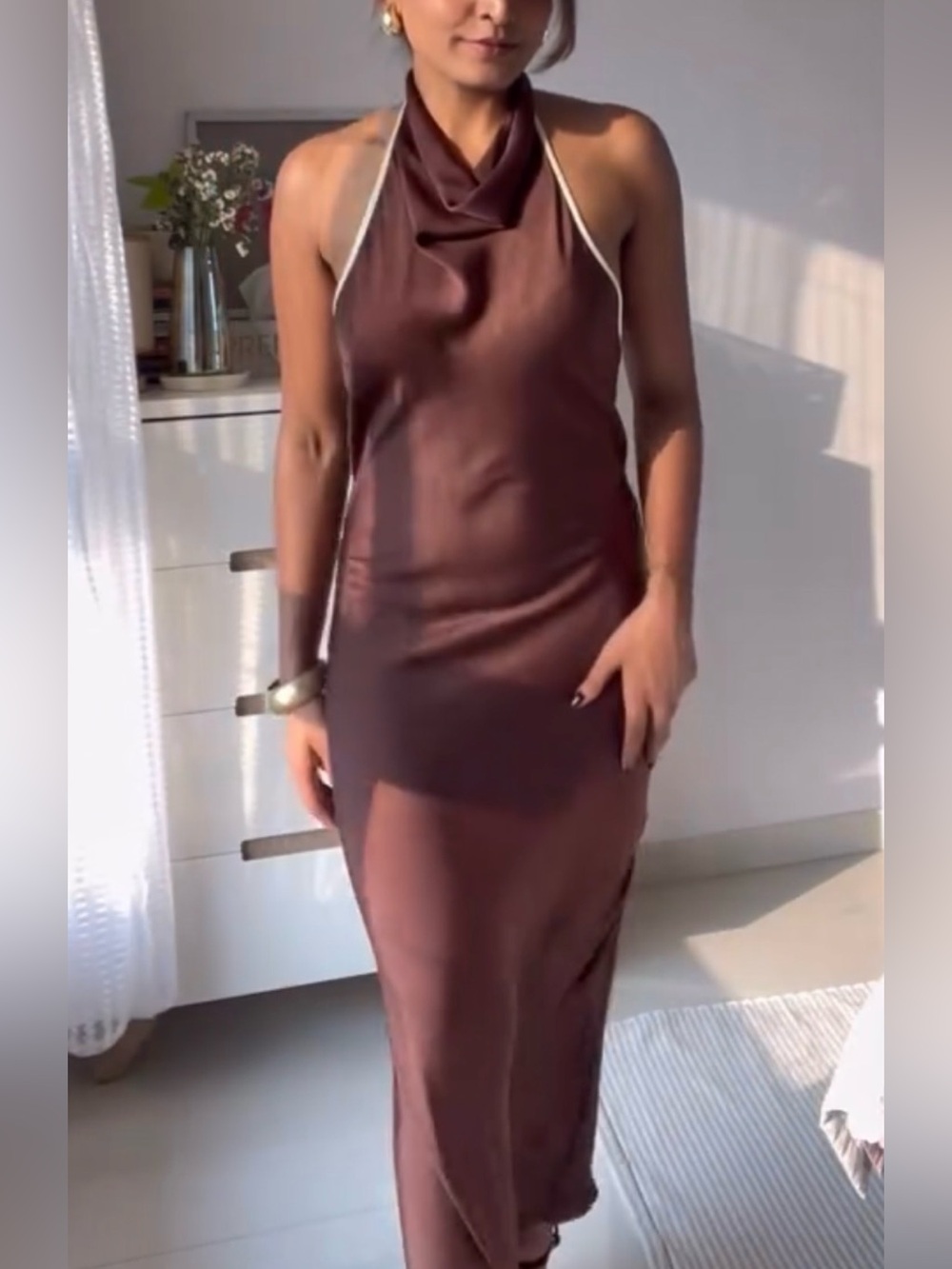 Zara Brown Satin Halter Maxi Dress with Contrast Straps